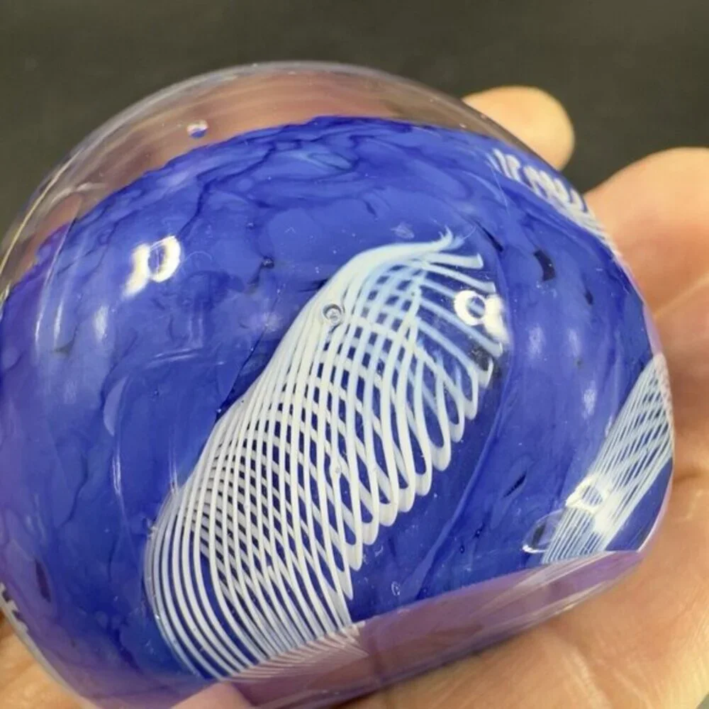 Murano Art Glass Paperweight Orb Cobalt Blue White Cane Venetian Italy Glass VTG